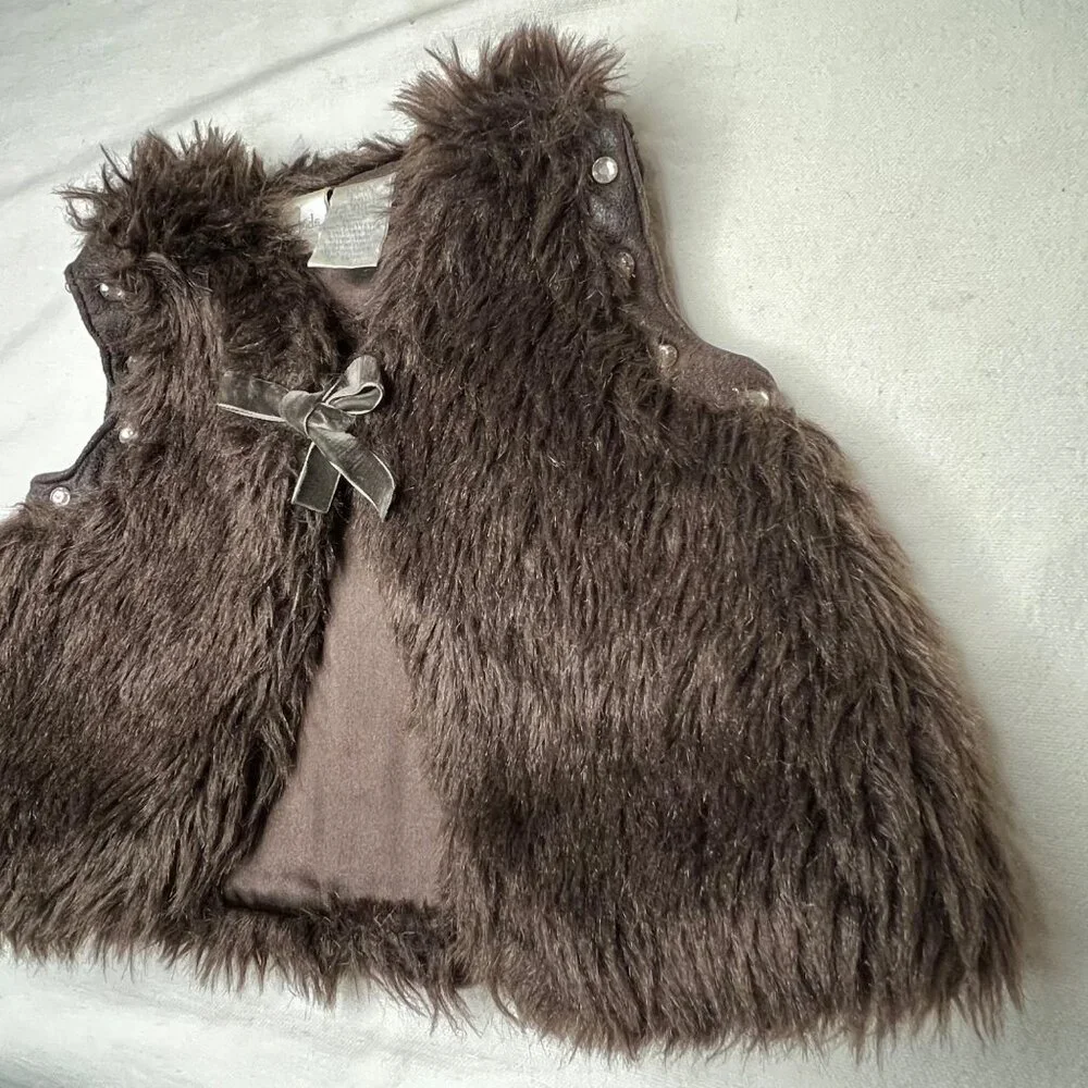 Kids Fake Fur Brown Vest 18 Months Tie Sequins